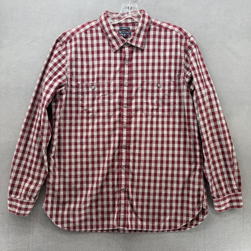 GAP Shirt Plaid Mens Extra Large Button Up Heathered Gingham Maroon Lightweight